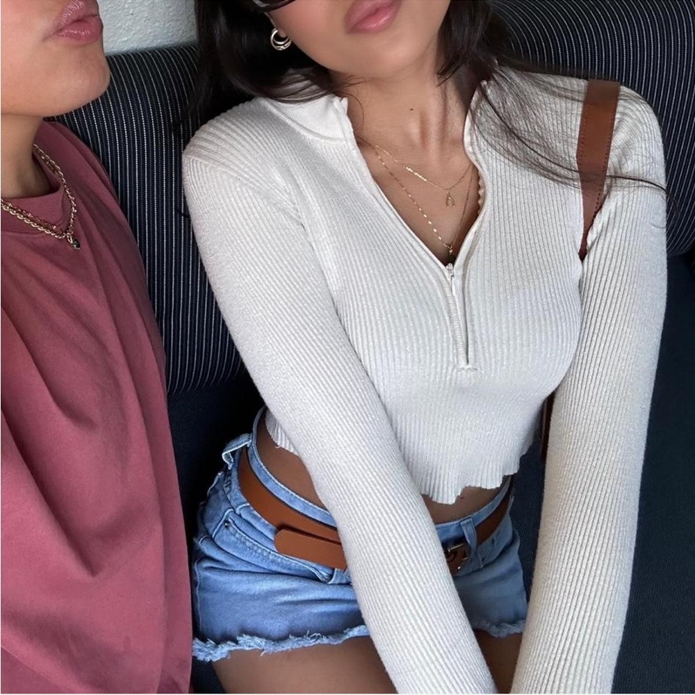 Princess Polly Cream Ribbed Zip-Up Sweater